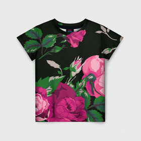 Детская футболка 3D с принтом Розы , 100% гипоаллергенный полиэфир | прямой крой, круглый вырез горловины, длина до линии бедер, чуть спущенное плечо, ткань немного тянется | арт | бутон | бутоны | зеленый | краски | кусты роз | рисунок | роза | розовая роза | розовые розы | розовый | розы