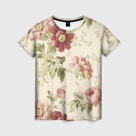 Женская футболка 3D с принтом Цветы , 100% полиэфир ( синтетическое хлопкоподобное полотно) | прямой крой, круглый вырез горловины, длина до линии бедер | арт | зеленый | краски | красный | кремовый | ретро | рисунок | розовый | цветок | цветы
