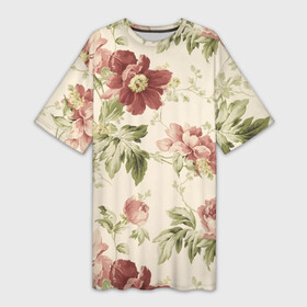 Платье-футболка 3D с принтом Цветы ,  |  | арт | зеленый | краски | красный | кремовый | ретро | рисунок | розовый | цветок | цветы