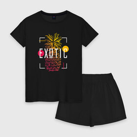 Женская пижама с шортиками хлопок с принтом Ананас с надписью Exotic , 100% хлопок | футболка прямого кроя, шорты свободные с широкой мягкой резинкой | exotic | ананас | лето | экзотика