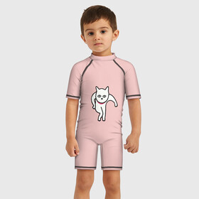 Детский купальный костюм 3D с принтом Ыть , Полиэстер 85%, Спандекс 15% | застежка на молнии на спине | арт | белая кошка | белый кот | кот | кошка | мем | мэм | рисунок | розовый