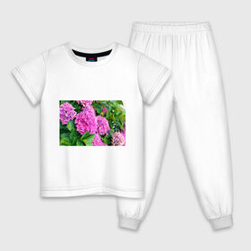 Детская пижама хлопок с принтом Гортензия , 100% хлопок |  брюки и футболка прямого кроя, без карманов, на брюках мягкая резинка на поясе и по низу штанин
 | blooming. | floral | flower | hydrangea | nature | ботаника | букет | бутон | гортензия | клумба | лепесток | лето | листья | сад | цветение | цветок | цветы