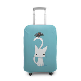 Чехол для чемодана 3D с принтом Белый котик и воробушек , 86% полиэфир, 14% спандекс | двустороннее нанесение принта, прорези для ручек и колес | арт | белая кошка | белый кот | белый котёнок | воробей | воробушек | воронёнок | кот | котёнок | кошка | рисунок | чёрный птенец