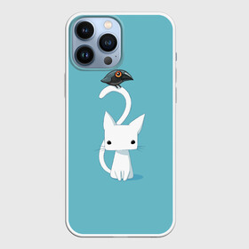 Чехол для iPhone 13 Pro Max с принтом Белый котик и воробушек ,  |  | Тематика изображения на принте: арт | белая кошка | белый кот | белый котёнок | воробей | воробушек | воронёнок | кот | котёнок | кошка | рисунок | чёрный птенец