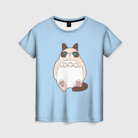 Женская футболка 3D с принтом Тоторный кот , 100% полиэфир ( синтетическое хлопкоподобное полотно) | прямой крой, круглый вырез горловины, длина до линии бедер | grumpy cat | белый | кот тоторо | кот. недовольный кот | крем | мило | милота | мимишка | тоторо