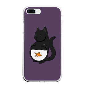 Чехол для iPhone 7Plus/8 Plus матовый с принтом Довольный кот , Силикон | Область печати: задняя сторона чехла, без боковых панелей | аквариум | арт | вода | золотая рыбка | кот | котёнок | кошка | рисунок | рыба | рыбка | фиолетовый | чёрная кошка | черный кот | чёрный котёнок