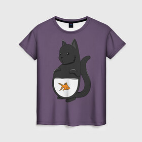 Женская футболка 3D с принтом Довольный кот , 100% полиэфир ( синтетическое хлопкоподобное полотно) | прямой крой, круглый вырез горловины, длина до линии бедер | Тематика изображения на принте: аквариум | арт | вода | золотая рыбка | кот | котёнок | кошка | рисунок | рыба | рыбка | фиолетовый | чёрная кошка | черный кот | чёрный котёнок