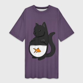 Платье-футболка 3D с принтом Довольный кот ,  |  | аквариум | арт | вода | золотая рыбка | кот | котёнок | кошка | рисунок | рыба | рыбка | фиолетовый | чёрная кошка | черный кот | чёрный котёнок