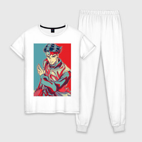 Женская пижама хлопок с принтом Рохан Кишибе , 100% хлопок | брюки и футболка прямого кроя, без карманов, на брюках мягкая резинка на поясе и по низу штанин | jojo | аниме | джоджо | мангака | рохан кишибе | стэнд