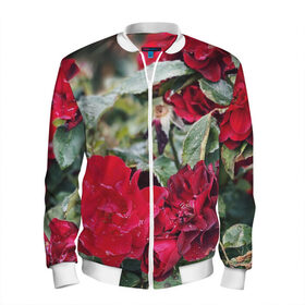 Мужской бомбер 3D с принтом Red Roses , 100% полиэстер | застегивается на молнию, по бокам два кармана без застежек, по низу бомбера и на воротнике - эластичная резинка | Тематика изображения на принте: bush | floral | flower | garden | green | nature | red roses | бутоны | красная роза | куст | листья | природа | роза | сад | цветение | цветок | цветы