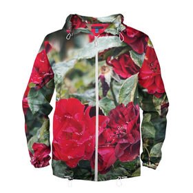 Мужская ветровка 3D с принтом Red Roses , 100% полиэстер | подол и капюшон оформлены резинкой с фиксаторами, два кармана без застежек по бокам, один потайной карман на груди | bush | floral | flower | garden | green | nature | red roses | бутоны | красная роза | куст | листья | природа | роза | сад | цветение | цветок | цветы