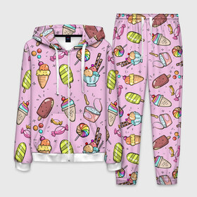 Мужской костюм 3D с принтом Сладкоежка , 100% полиэстер | Манжеты и пояс оформлены тканевой резинкой, двухслойный капюшон со шнурком для регулировки, карманы спереди | вафельный стаканчик | дарже | десерты | закуски | конфеты | леденец | мороженное | пломбир | сладкое | сладкоежка | снеки | шоколадки
