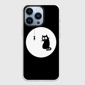 Чехол для iPhone 13 Pro с принтом Ночная охота ,  |  | Тематика изображения на принте: арт | кот | котёнок | кошка | луна | ночь | рисунок | рыба | рыбалка | черная кошка | черный кот | чёрный котёнок