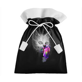 Подарочный 3D мешок с принтом Котейка с мороженным , 100% полиэстер | Размер: 29*39 см | Тематика изображения на принте: арт | кот | котёнок | кошка | мороженное | рисунок | серая кошка | серый кот | серый котёнок | чёрный | яркие цвета