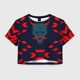 Женская футболка Crop-top 3D с принтом демон они , 100% полиэстер | круглая горловина, длина футболки до линии талии, рукава с отворотами | демон | киберпанк | маска | они | самурай | хання | япония