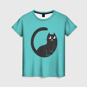 Женская футболка 3D с принтом Чёрный котя , 100% полиэфир ( синтетическое хлопкоподобное полотно) | прямой крой, круглый вырез горловины, длина до линии бедер | арт | бирюзовый | вектор | зеленый | кот | котёнок | кошка | рисунок | чёрная кошка | чёрный | чёрный кот | чёрный котёнок