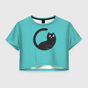 Женская футболка Crop-top 3D с принтом Чёрный котя , 100% полиэстер | круглая горловина, длина футболки до линии талии, рукава с отворотами | арт | бирюзовый | вектор | зеленый | кот | котёнок | кошка | рисунок | чёрная кошка | чёрный | чёрный кот | чёрный котёнок