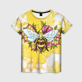 Женская футболка 3D с принтом Пчела , 100% полиэфир ( синтетическое хлопкоподобное полотно) | прямой крой, круглый вырез горловины, длина до линии бедер | крылья | мёд | оса | пчела | пчёлы | соты | цветы