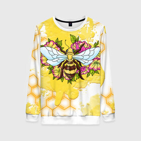 Женский свитшот 3D с принтом Пчела , 100% полиэстер с мягким внутренним слоем | круглый вырез горловины, мягкая резинка на манжетах и поясе, свободная посадка по фигуре | крылья | мёд | оса | пчела | пчёлы | соты | цветы