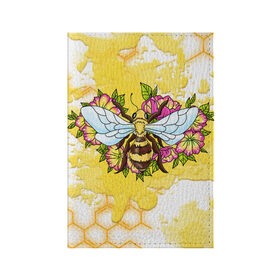 Обложка для паспорта матовая кожа с принтом Пчела , натуральная матовая кожа | размер 19,3 х 13,7 см; прозрачные пластиковые крепления | Тематика изображения на принте: крылья | мёд | оса | пчела | пчёлы | соты | цветы