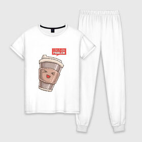 Женская пижама хлопок с принтом 8 бит Латте , 100% хлопок | брюки и футболка прямого кроя, без карманов, на брюках мягкая резинка на поясе и по низу штанин | 8 bit | 8bit | 8бит | art | coffee | cup | cute | kawaii | mug | pixel | pixelart | problem | арт | восьмибитная | восьмибитные | кавайный | капучино | кофе | кофеек | милота | милый | пиксели | пиксель | пиксельная | проблема | стакан