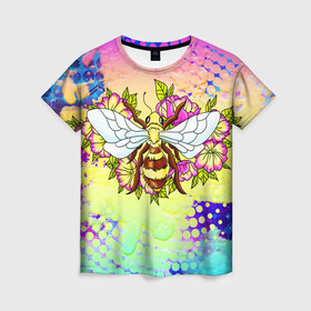 Женская футболка 3D с принтом Пчела и цветы , 100% полиэфир ( синтетическое хлопкоподобное полотно) | прямой крой, круглый вырез горловины, длина до линии бедер | космос | пчела | пчёлка | пчёлы | туманность | цветы