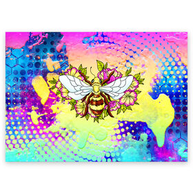 Поздравительная открытка с принтом Пчела и цветы , 100% бумага | плотность бумаги 280 г/м2, матовая, на обратной стороне линовка и место для марки
 | Тематика изображения на принте: космос | пчела | пчёлка | пчёлы | туманность | цветы