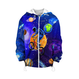 Детская куртка 3D с принтом Space bicycle , 100% полиэстер | застежка — молния, подол и капюшон оформлены резинкой с фиксаторами, по бокам — два кармана без застежек, один потайной карман на груди, плотность верхнего слоя — 90 г/м2; плотность флисового подклада — 260 г/м2 | astronaut | bicycle | comet | cosmos | earth | jupiter | mars | moon | saturn | space | spacesuit | star | астронавт | велосипед | звезда | земля | комета | космонавт | космос | луна | марс | сатурн | скафандр | юлитер