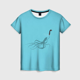 Женская футболка 3D с принтом Тайна Лох-несского чудовища , 100% полиэфир ( синтетическое хлопкоподобное полотно) | прямой крой, круглый вырез горловины, длина до линии бедер | арт | море | осьминог | рисунок | синий | шутка