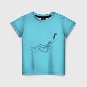 Детская футболка 3D с принтом Тайна Лох-несского чудовища , 100% гипоаллергенный полиэфир | прямой крой, круглый вырез горловины, длина до линии бедер, чуть спущенное плечо, ткань немного тянется | Тематика изображения на принте: арт | море | осьминог | рисунок | синий | шутка