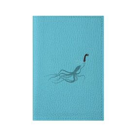 Обложка для паспорта матовая кожа с принтом Тайна Лох-несского чудовища , натуральная матовая кожа | размер 19,3 х 13,7 см; прозрачные пластиковые крепления | Тематика изображения на принте: арт | море | осьминог | рисунок | синий | шутка
