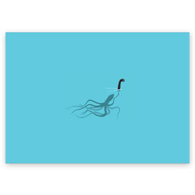 Поздравительная открытка с принтом Тайна Лох-несского чудовища , 100% бумага | плотность бумаги 280 г/м2, матовая, на обратной стороне линовка и место для марки
 | арт | море | осьминог | рисунок | синий | шутка