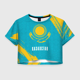 Женская футболка Crop-top 3D с принтом КАЗАХСТАН / KAZAKHSTAN , 100% полиэстер | круглая горловина, длина футболки до линии талии, рукава с отворотами | flag | kazakhstan | qazaqstan | герб | захах | казахстан | кахахи | лого | нур султан | республика | символ | страна | флаг