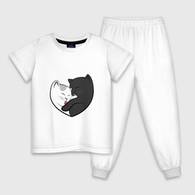 Детская пижама хлопок с принтом Влюблённые котики , 100% хлопок |  брюки и футболка прямого кроя, без карманов, на брюках мягкая резинка на поясе и по низу штанин
 | Тематика изображения на принте: арт | белая кошка | белый кот | влюблённые | кот | кот и кошка | кошка | любовь | пара | рисунок | чёрная кошка | чёрный кот