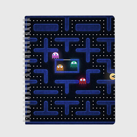 Тетрадь с принтом Pacman , 100% бумага | 48 листов, плотность листов — 60 г/м2, плотность картонной обложки — 250 г/м2. Листы скреплены сбоку удобной пружинной спиралью. Уголки страниц и обложки скругленные. Цвет линий — светло-серый
 | Тематика изображения на принте: pac man | pacman | аркады | пакмэн