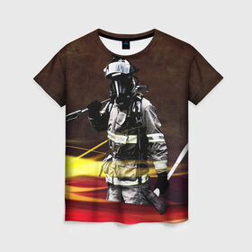 Женская футболка 3D с принтом Спасатель , 100% полиэфир ( синтетическое хлопкоподобное полотно) | прямой крой, круглый вырез горловины, длина до линии бедер | мчс | мчс россии | пожарник | пожарные | пожарный | спасатели | спасатель