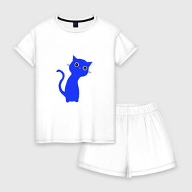 Женская пижама с шортиками хлопок с принтом Котик , 100% хлопок | футболка прямого кроя, шорты свободные с широкой мягкой резинкой | cat | животные | кот | котик | кошка | милград | милый | питомец | рисунок | синий кот