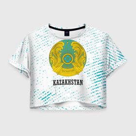 Женская футболка Crop-top 3D с принтом KAZAKHSTAN / КАЗАХСТАН , 100% полиэстер | круглая горловина, длина футболки до линии талии, рукава с отворотами | flag | kazakhstan | qazaqstan | герб | захах | казахстан | кахахи | лого | нур султан | республика | символ | страна | флаг