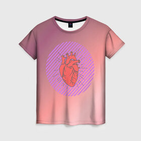 Женская футболка 3D с принтом Сердечко на розовом фоне , 100% полиэфир ( синтетическое хлопкоподобное полотно) | прямой крой, круглый вырез горловины, длина до линии бедер | круг | любовь | неон | полосатый | розовый | сердце | сияние | фиолетовый