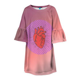Детское платье 3D с принтом Сердечко на розовом фоне , 100% полиэстер | прямой силуэт, чуть расширенный к низу. Круглая горловина, на рукавах — воланы | круг | любовь | неон | полосатый | розовый | сердце | сияние | фиолетовый