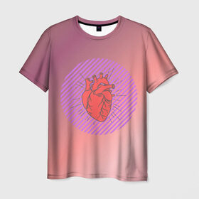Мужская футболка 3D с принтом Сердечко на розовом фоне , 100% полиэфир | прямой крой, круглый вырез горловины, длина до линии бедер | круг | любовь | неон | полосатый | розовый | сердце | сияние | фиолетовый
