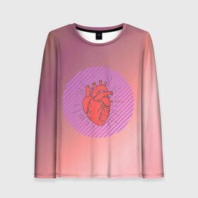 Женский лонгслив 3D с принтом Сердечко на розовом фоне , 100% полиэстер | длинные рукава, круглый вырез горловины, полуприлегающий силуэт | круг | любовь | неон | полосатый | розовый | сердце | сияние | фиолетовый