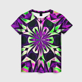 Женская футболка 3D с принтом Kaleidoscope , 100% полиэфир ( синтетическое хлопкоподобное полотно) | прямой крой, круглый вырез горловины, длина до линии бедер | abstraction | fractal | kaleidoscope | light green | pattern | purple | symmetry | абстракция | калейдоскоп | салатовый | симметрия | узор | фиолетовый | фрактал