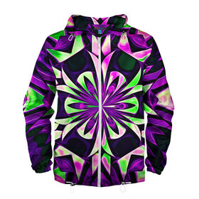 Мужская ветровка 3D с принтом Kaleidoscope , 100% полиэстер | подол и капюшон оформлены резинкой с фиксаторами, два кармана без застежек по бокам, один потайной карман на груди | Тематика изображения на принте: abstraction | fractal | kaleidoscope | light green | pattern | purple | symmetry | абстракция | калейдоскоп | салатовый | симметрия | узор | фиолетовый | фрактал