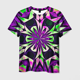 Мужская футболка 3D с принтом Kaleidoscope , 100% полиэфир | прямой крой, круглый вырез горловины, длина до линии бедер | Тематика изображения на принте: abstraction | fractal | kaleidoscope | light green | pattern | purple | symmetry | абстракция | калейдоскоп | салатовый | симметрия | узор | фиолетовый | фрактал