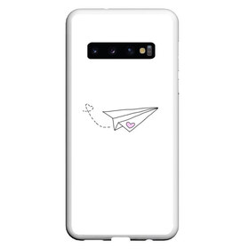 Чехол для Samsung Galaxy S10 с принтом самолетик , Силикон | Область печати: задняя сторона чехла, без боковых панелей | Тематика изображения на принте: белый самолетик | бумажный самолетик | минимализм | розовое сердечко | самолет | самолетик | сердечко | тумблер | чб