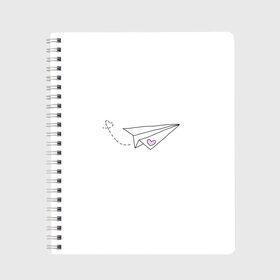 Тетрадь с принтом самолетик , 100% бумага | 48 листов, плотность листов — 60 г/м2, плотность картонной обложки — 250 г/м2. Листы скреплены сбоку удобной пружинной спиралью. Уголки страниц и обложки скругленные. Цвет линий — светло-серый
 | Тематика изображения на принте: белый самолетик | бумажный самолетик | минимализм | розовое сердечко | самолет | самолетик | сердечко | тумблер | чб