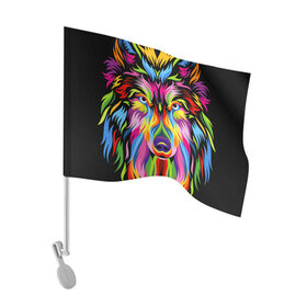 Флаг для автомобиля с принтом Neon wolf , 100% полиэстер | Размер: 30*21 см | color | ears | eyes | muzzle | neon | nose | paint | skin | view | wolf | взгляд | волк | глаза | краска | неон | нос | уши | цвет | шерсть