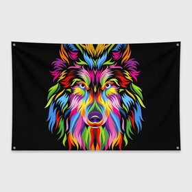 Флаг-баннер с принтом Neon wolf , 100% полиэстер | размер 67 х 109 см, плотность ткани — 95 г/м2; по краям флага есть четыре люверса для крепления | color | ears | eyes | muzzle | neon | nose | paint | skin | view | wolf | взгляд | волк | глаза | краска | неон | нос | уши | цвет | шерсть