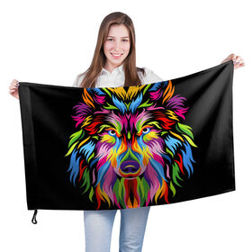 Флаг 3D с принтом Neon wolf , 100% полиэстер | плотность ткани — 95 г/м2, размер — 67 х 109 см. Принт наносится с одной стороны | color | ears | eyes | muzzle | neon | nose | paint | skin | view | wolf | взгляд | волк | глаза | краска | неон | нос | уши | цвет | шерсть